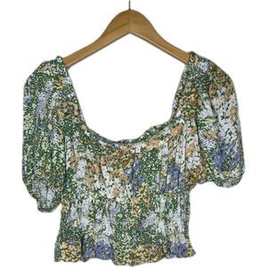 Cynthia Rowley floral puff sleeve smocked crop top size small